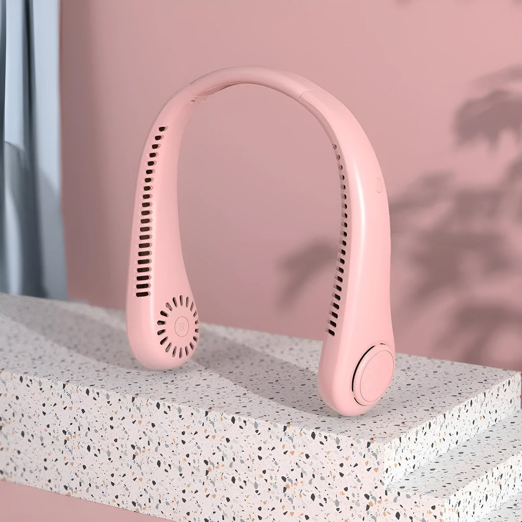 Pink USB rechargeable bladeless neck fan with flexible neckband showing adjustable speed controls