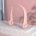 Pink USB rechargeable bladeless neck fan with flexible neckband showing adjustable speed controls