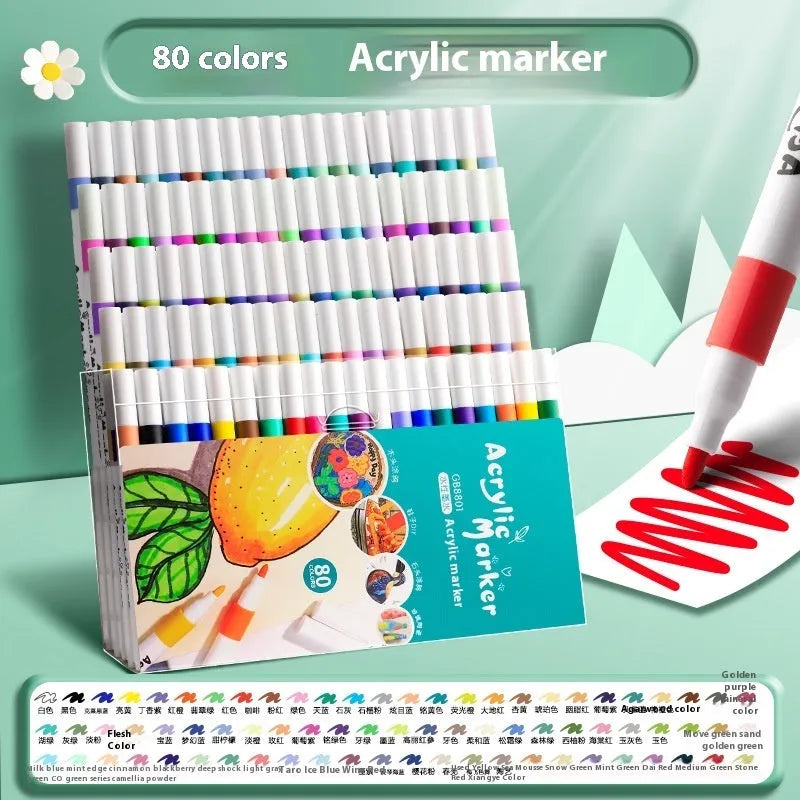 Boxed set of multicoloured True Color acrylic marker pens for students and artists.
