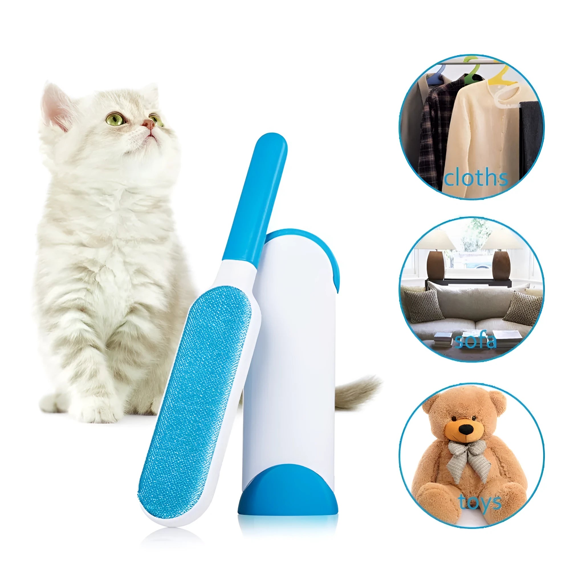 Blue reusable pet hair removal comb with double-sided lint brush and self-cleaning base