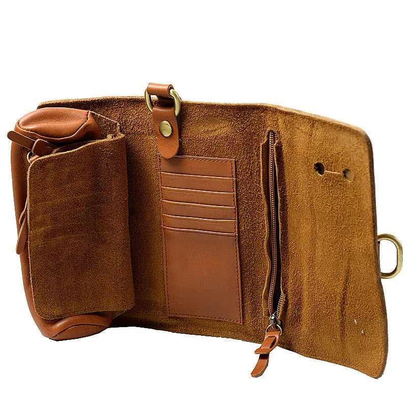 Handmade cow leather vintage wallet with tape closure in black or dark brown colour