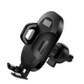 Black and grey auto-lock car phone holder mounted on a car air vent.