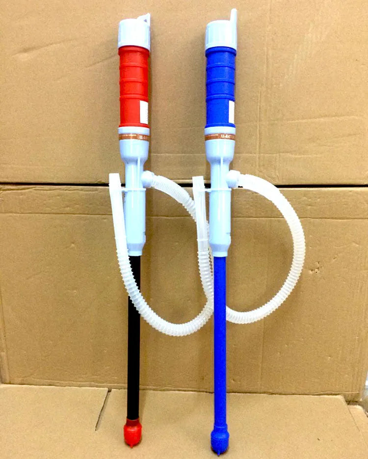 Blue manual hand siphon pump for transferring fuel and oil to small engines.