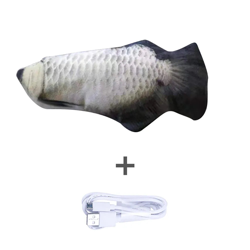 Multicolour electronic fish cat toy measuring 30cm with USB charging cable