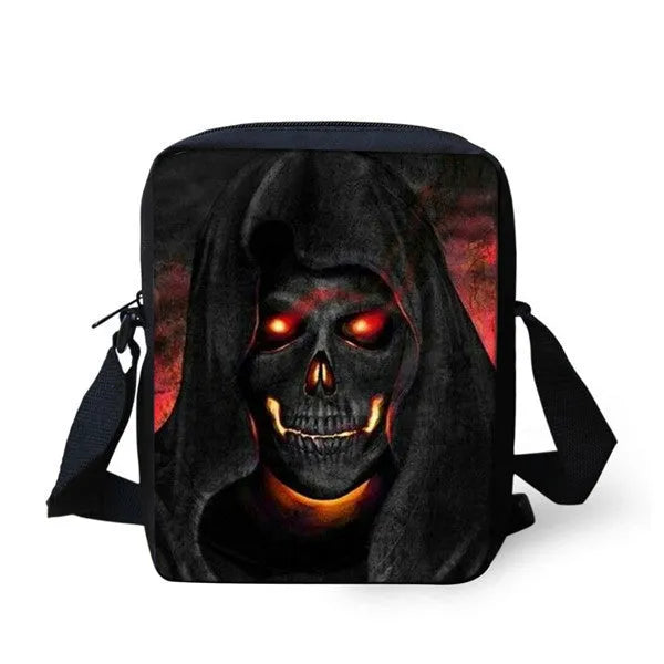 Children's skull print polyester messenger bag with shoulder straps, shown in a medium size.