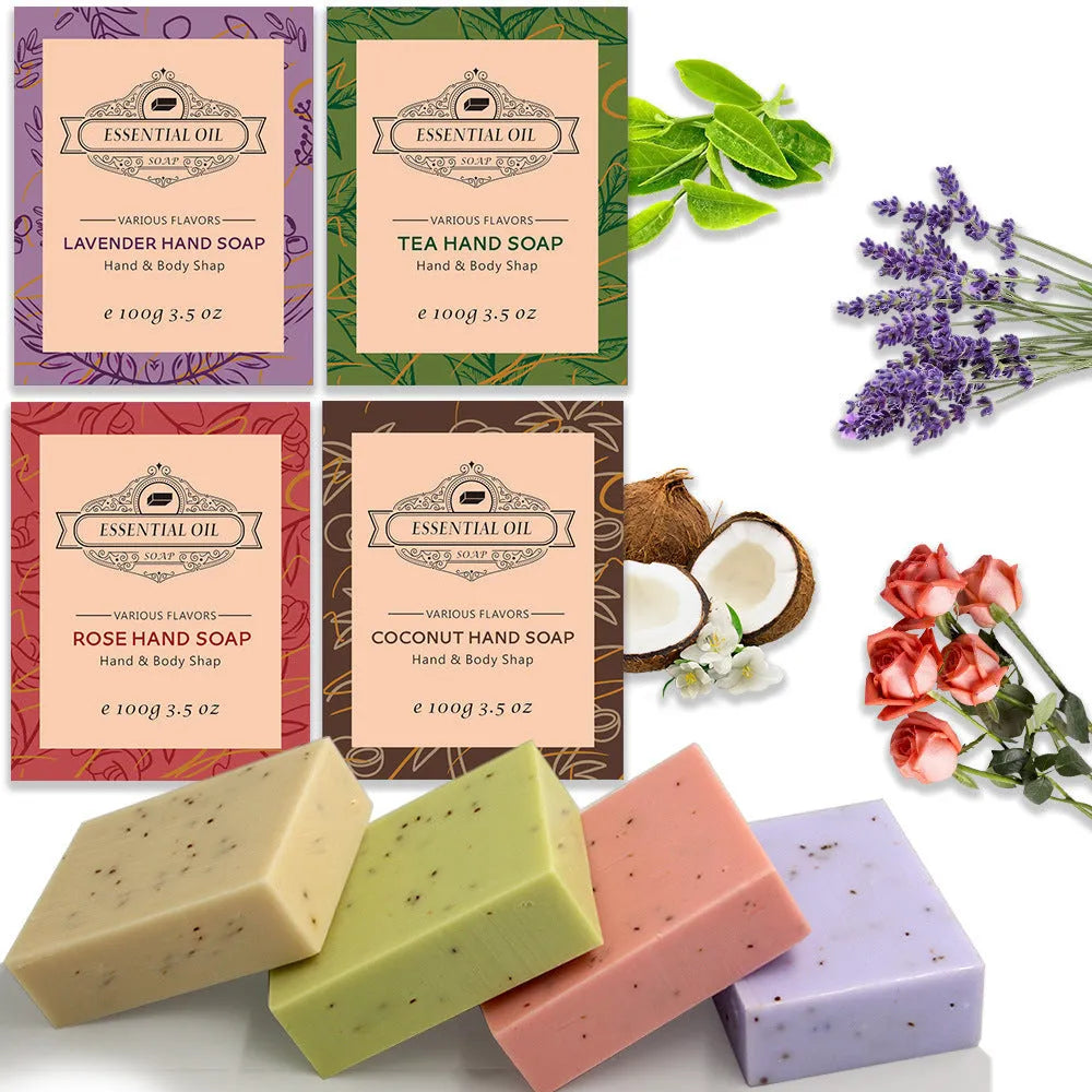 Handmade frosted essential oil soap bar in 100g size with scent options including coconut, green tea, lavender, and rose