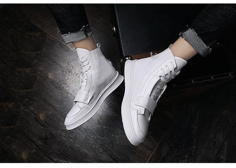 Men's black high-top ankle boot made of PU leather microfiber, shown from the side.