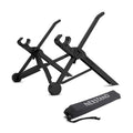 Sagacious black portable folding laptop stand with lifting function on a desk.