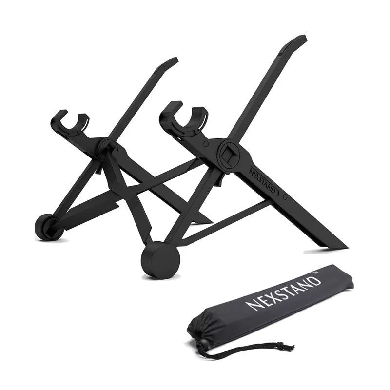 Sagacious black portable folding laptop stand with lifting function on a desk.