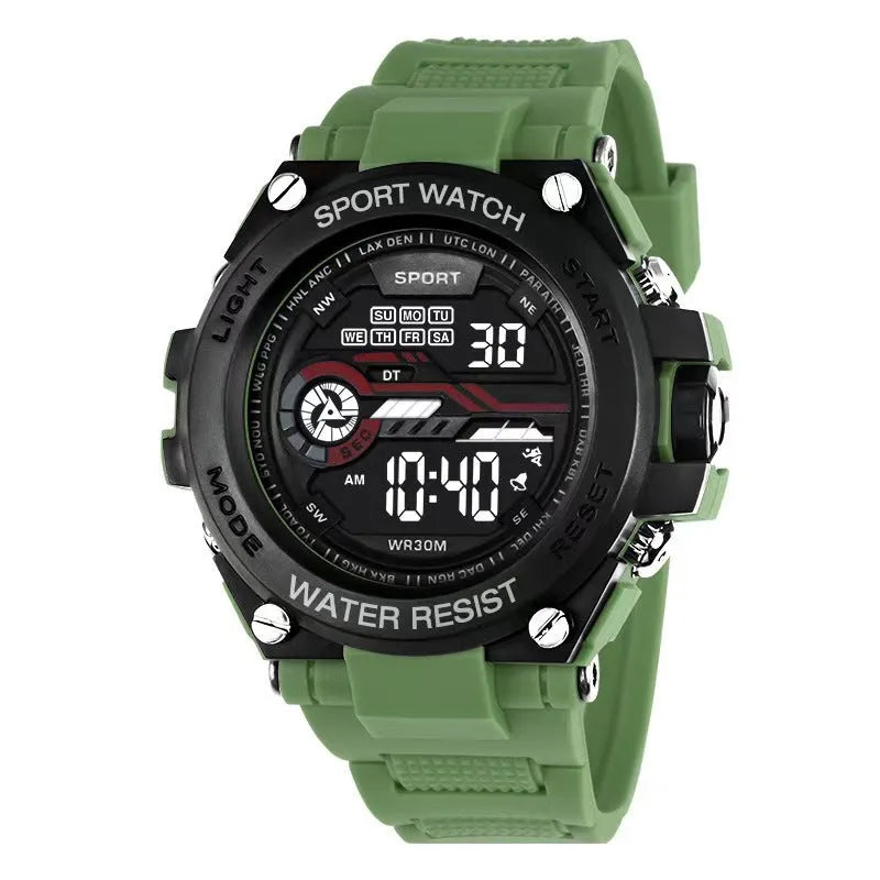 Digital electronic watch with a silicone strap shown in multiple colour options for teenagers and students.