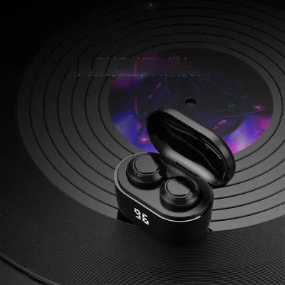 Black stereo Bluetooth earplug headset with NFC and multi-point connection