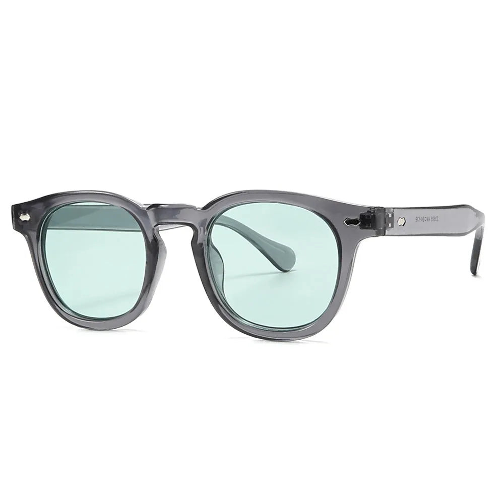 Simple round rim retro sunglasses on a plain background showing bright black frame with blue lenses.