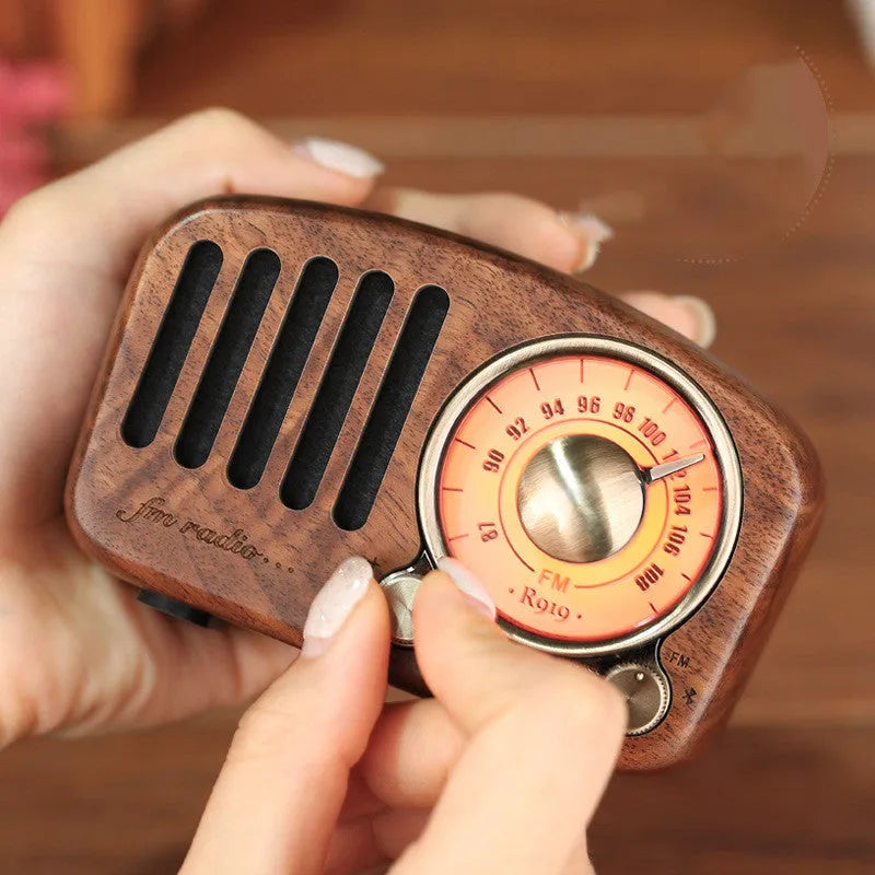 Retro wooden wireless mini Bluetooth speaker in cherry or walnut finish with compact dimensions
