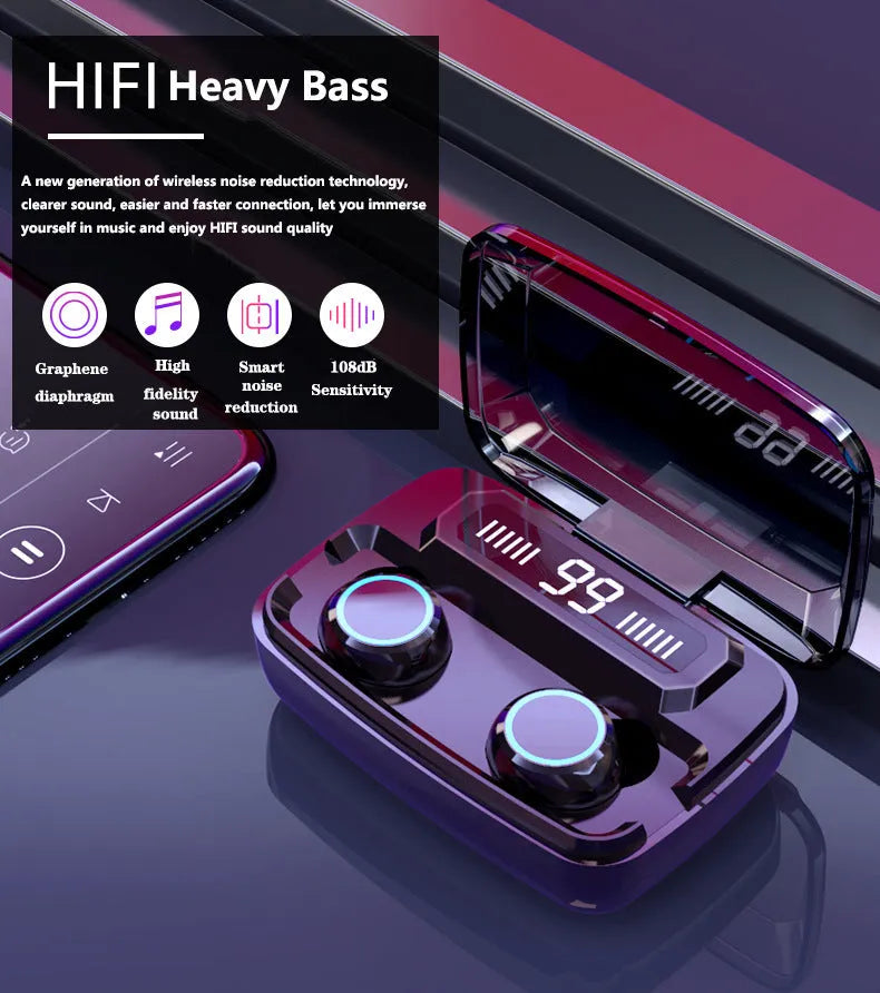 Black M11 Bluetooth wireless headset with digital display and charging case with mobile phone holder