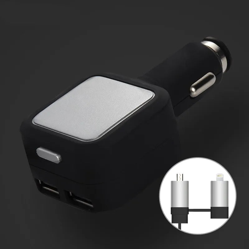 Black and gold dual USB car charger with retractable cable shown plugged into vehicle power socket