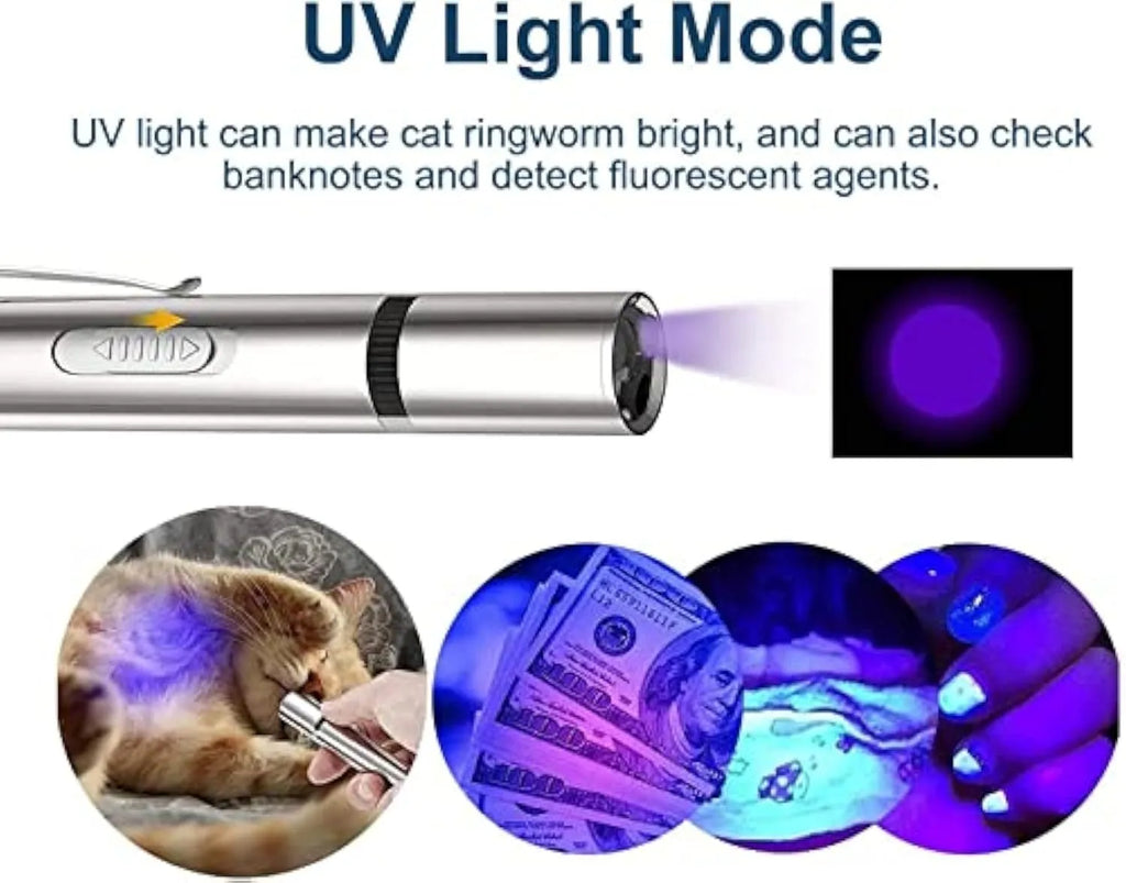 Silver aluminium cat laser pointer with USB charging port and adjustable light modes