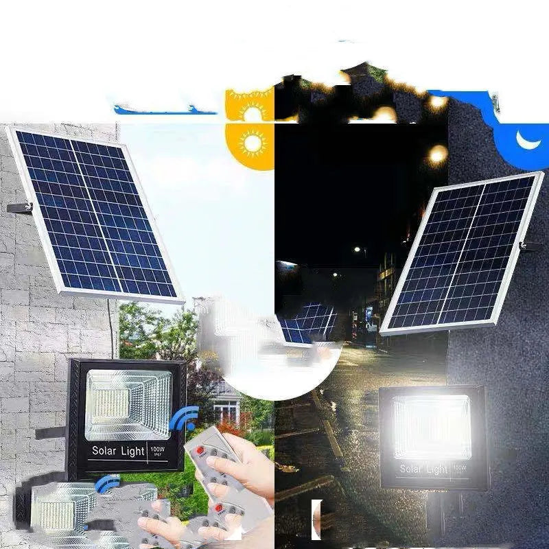 Black solar garden LED flood light with remote control showing multiple wattage options