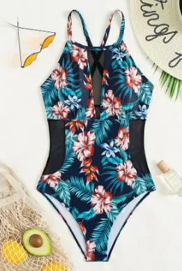 Women's deep V-neck one-piece swimsuit showing front design with polyester lining