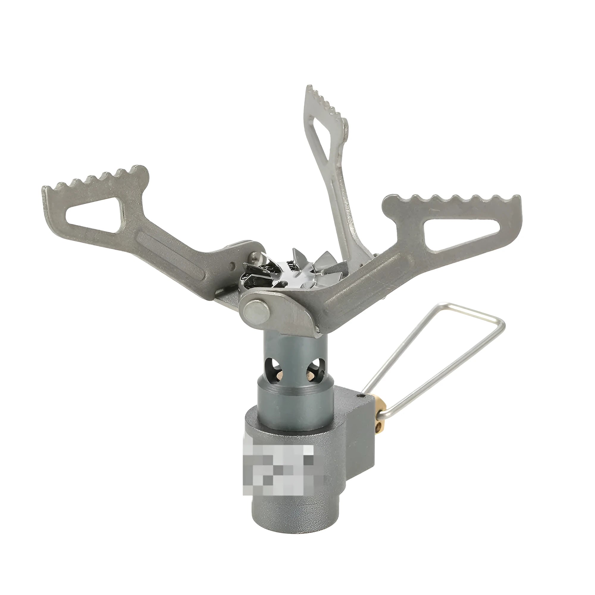 Portable one-piece propane gas camping stove for outdoor use.