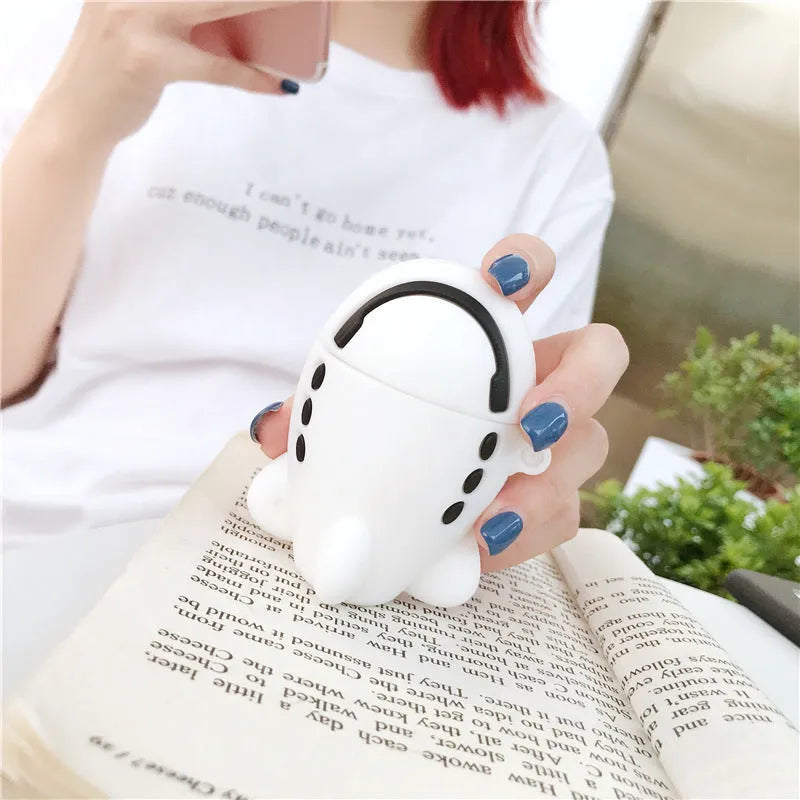 Cartoon airplane themed silicone flip case for Apple AirPods 1 and 2 with a metal carrying hook attached.