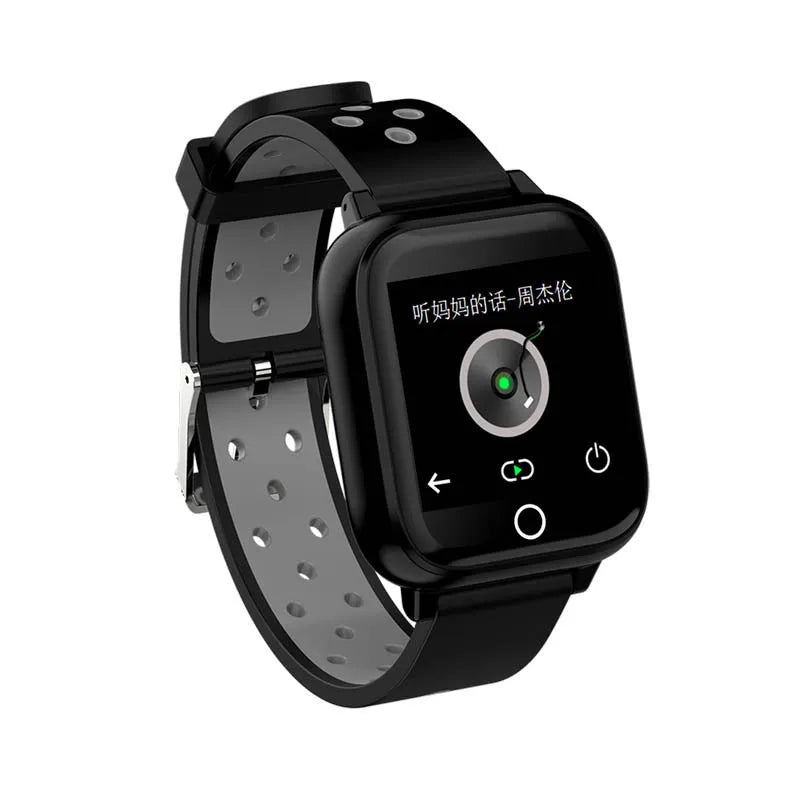 Black smartwatch with removable Bluetooth earbuds stored in watch case showing health monitoring display