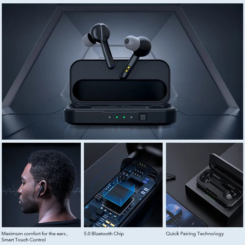 Black true wireless Bluetooth earbuds with in-ear design and IPX5 waterproof rating.