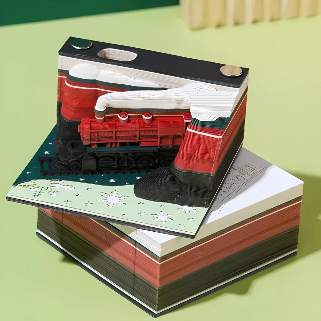 3D paper carved sticky notes with Qingshui Temple design and Christmas Train coloured cover.