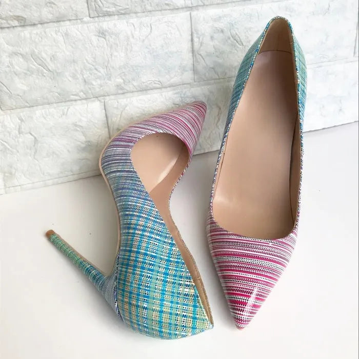 Pink to blue gradient patent leather ladies stilettos with pointed toe and high heel