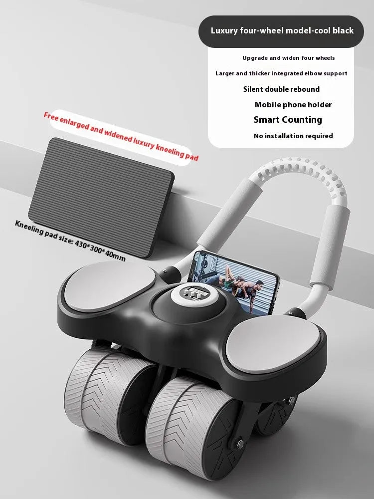 Blue 4-wheel abdominal wheel fitness equipment with elbow support pads and automatic rebound mechanism