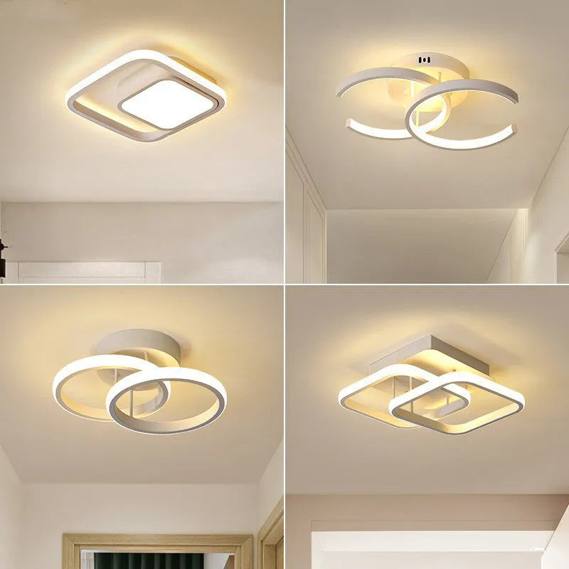 Commercial corridor LED pendant lights in three styles: black double semicircle, white double circle and white bipartite designs
