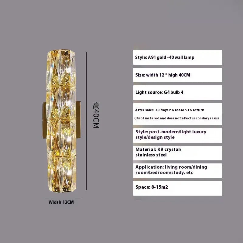 Crystal shade LED wall lamp in chrome or gold finish on stainless steel base.