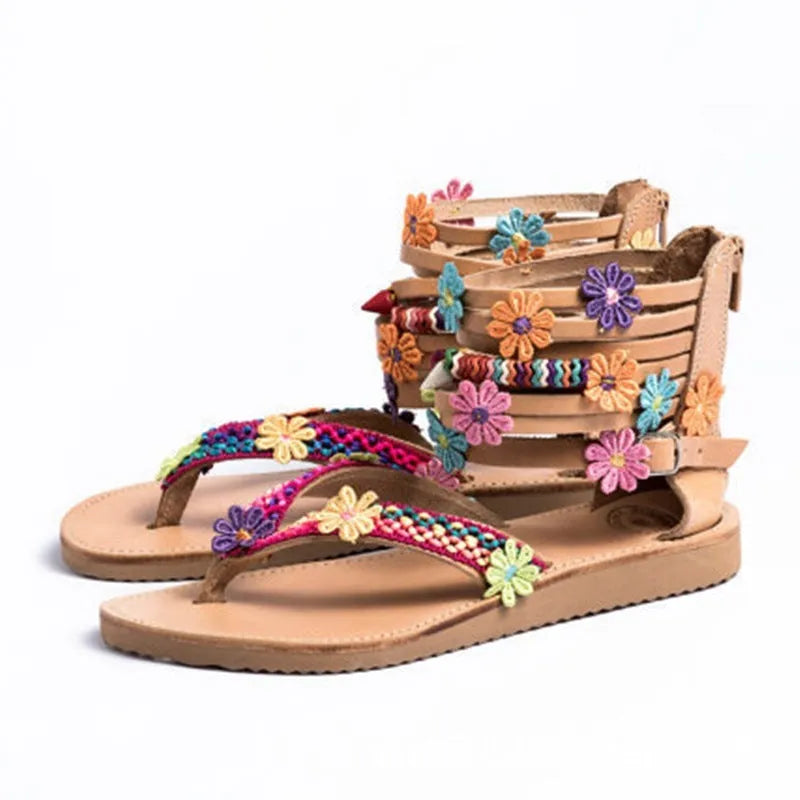 Ethnic style beaded petal sandals with round toe and floral design