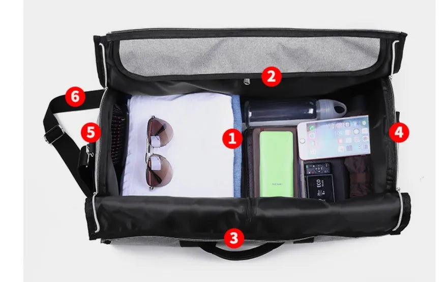 Medium sized cylindrical travel bag in black, made from oxford cloth with a top zipper.