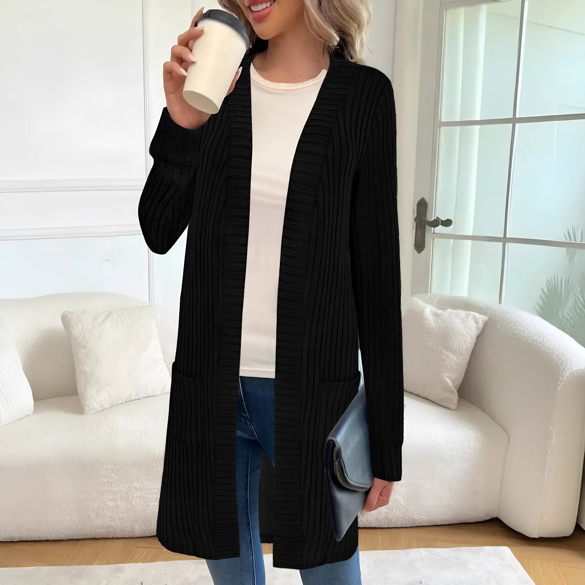 A loose-fitting long sleeve knitted cardigan jacket for plus sizes, shown in black, gray, or wine red.