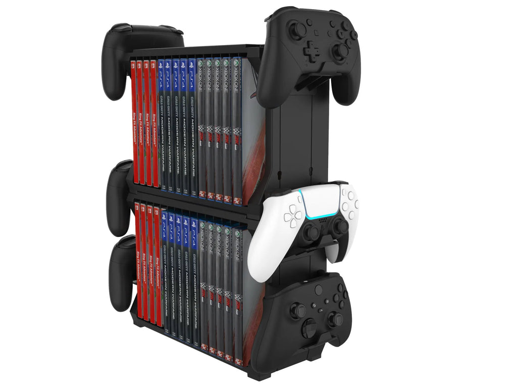 Black PS5 and Xbox Series X disc holder with slots for games and a rack storing four controllers.