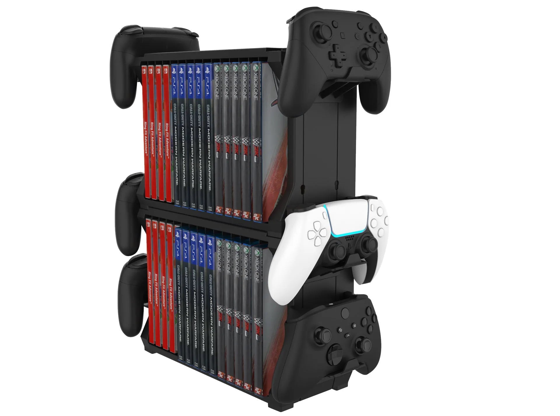 Black PS5 and Xbox Series X disc holder with slots for games and a rack storing four controllers.