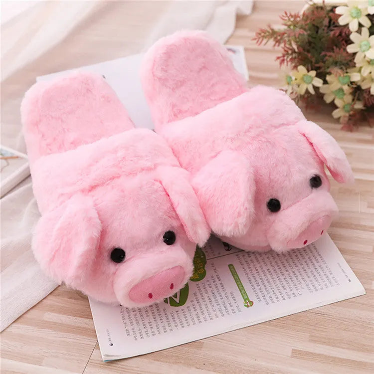 Pink pig animal design plush floor slippers for women indoor home wear