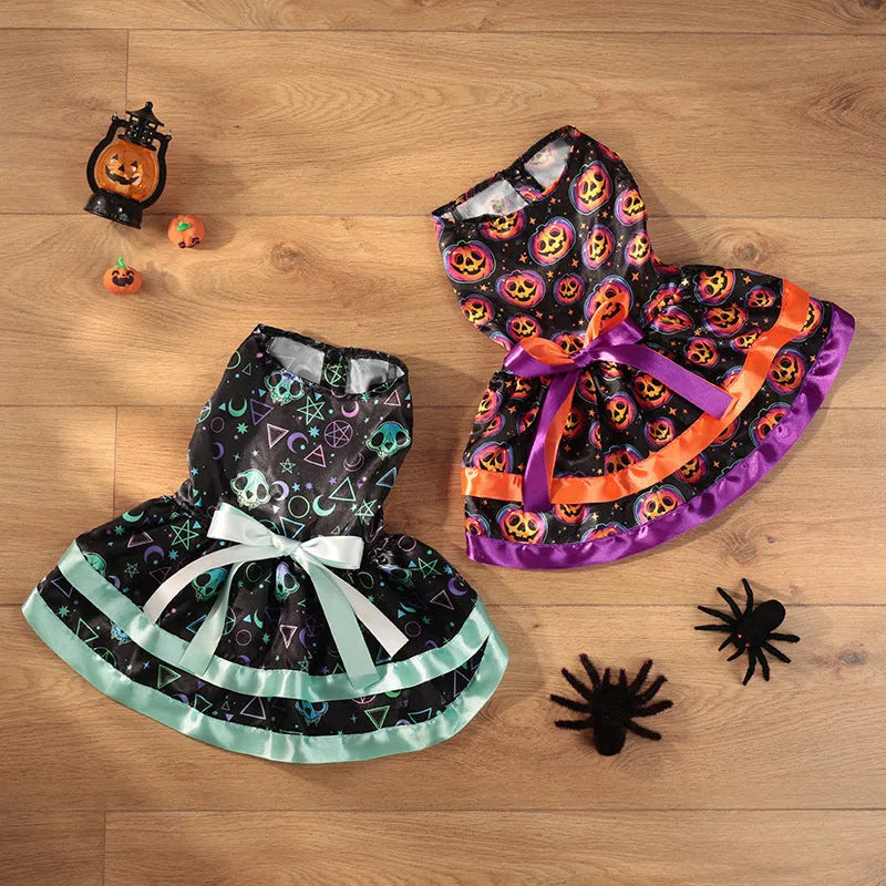 Halloween pet skirt for dogs with colourful pumpkin or skull print on double-layer polyester