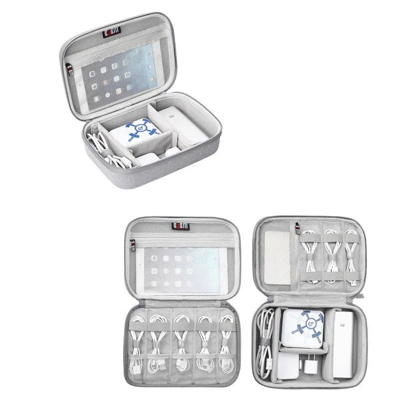 Black EVA digital storage bag for headphones and tech accessories with organisational compartments
