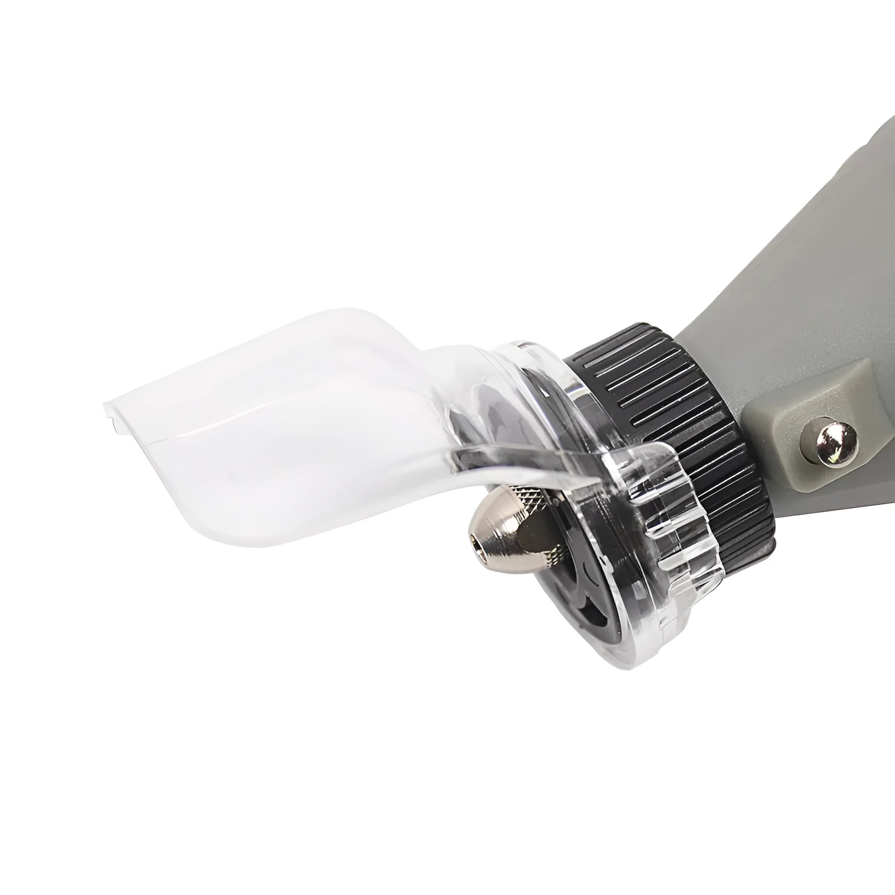 Transparent plastic horn-shaped safety cover for Delta industrial grinder models.