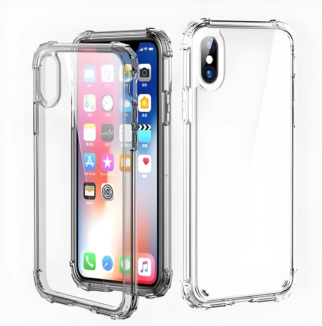 Transparent clear TPU iPhone case showing compatible models from iPhone 5 to iPhone 12 Pro Max