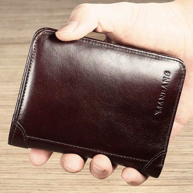 Men's leather wallet open showing photo slot, card holders, banknote section and change compartment