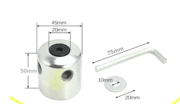 Silver aluminium grass trimmer head with light yellow square lines and wrench for lawn mower