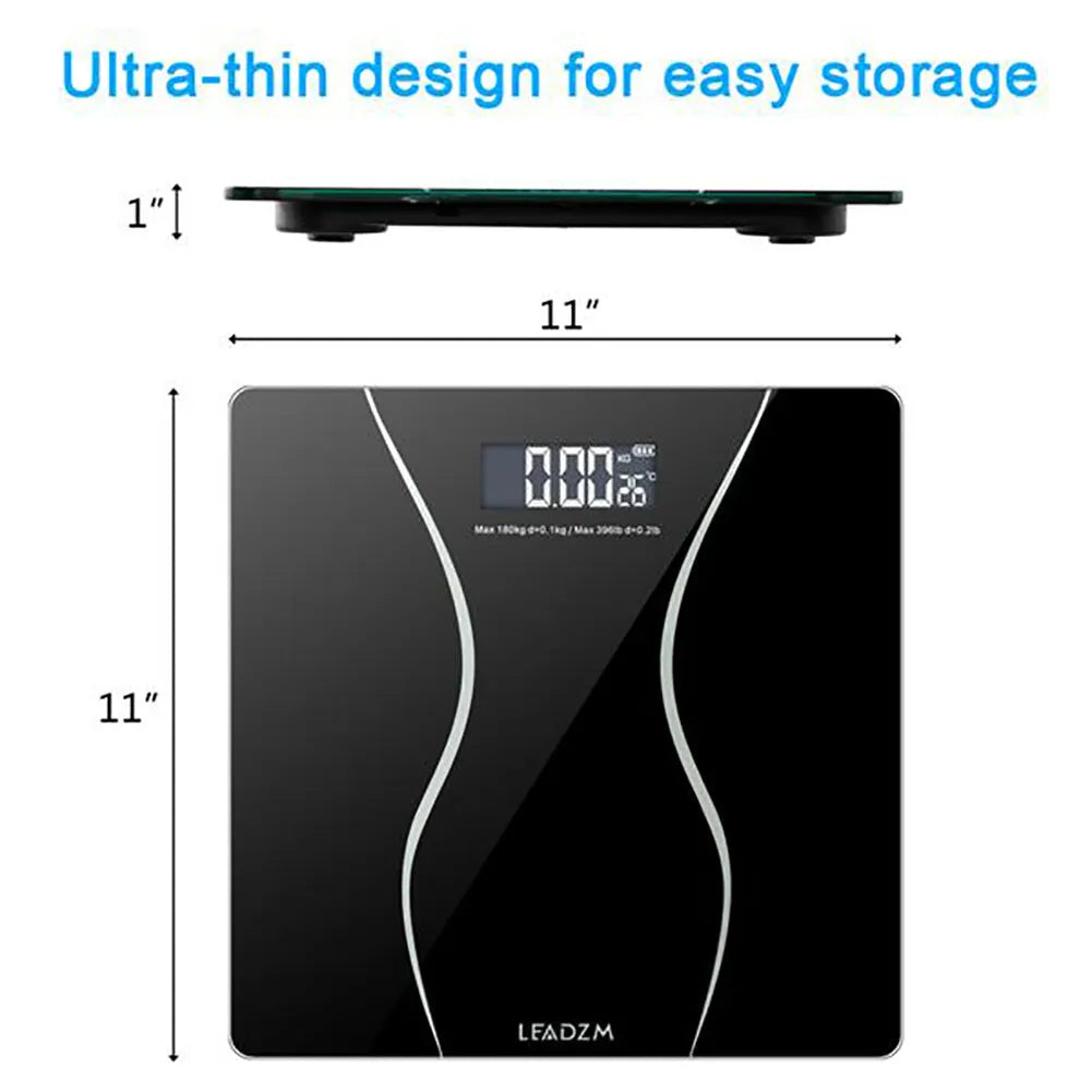 Black electronic household scale with digital display showing weight measurement up to 180kg capacity