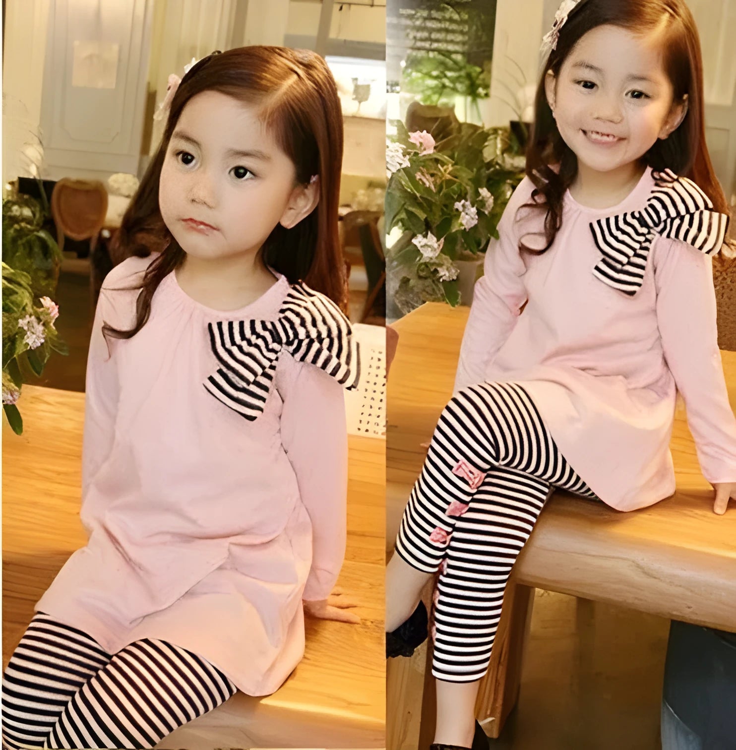 Girl's pink cotton clothing set showing size options from 110cm to 140cm