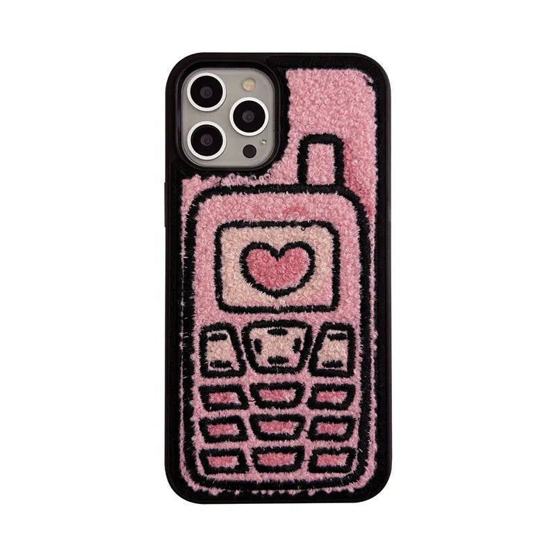 Pink TPU iPhone case with embroidered towel pattern design on the back.