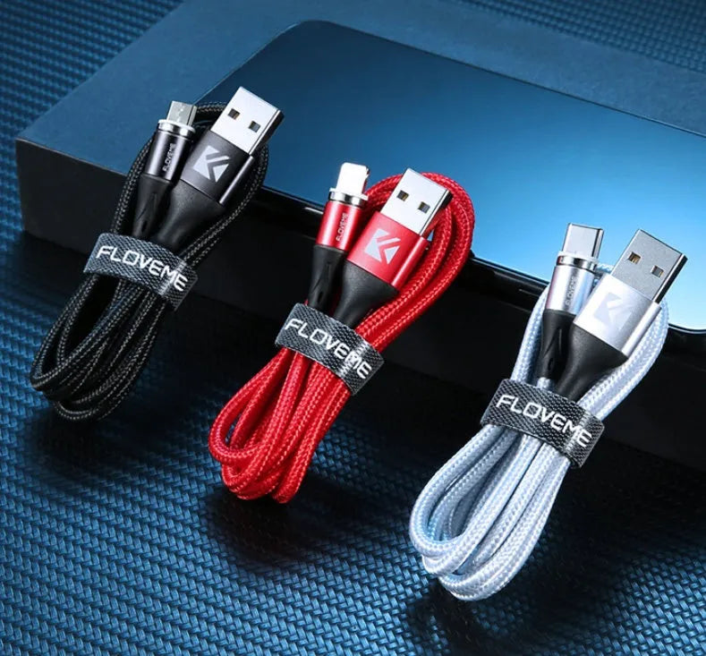 Black magnetic USB fast-charging cable with LED light, compatible with Apple iPhone and Android phones