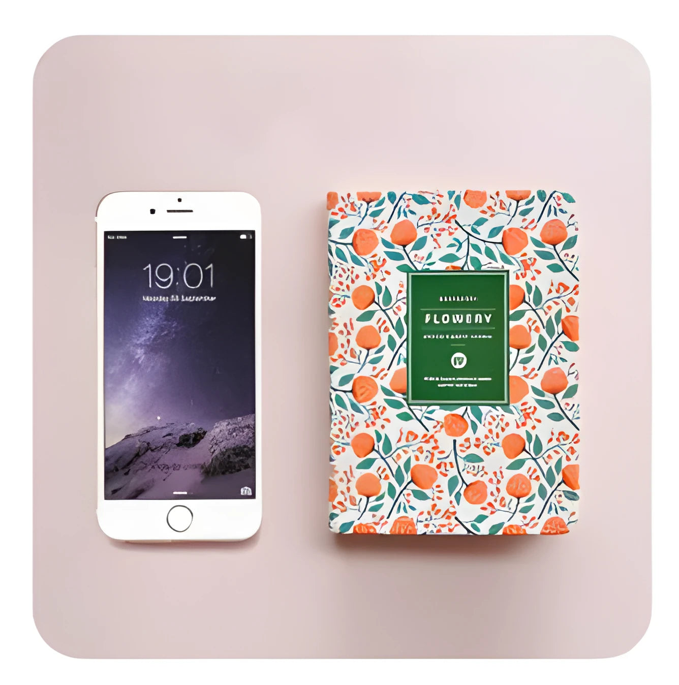 Green floral pattern notepad with fabric leather cover showing wireless binding and open pages