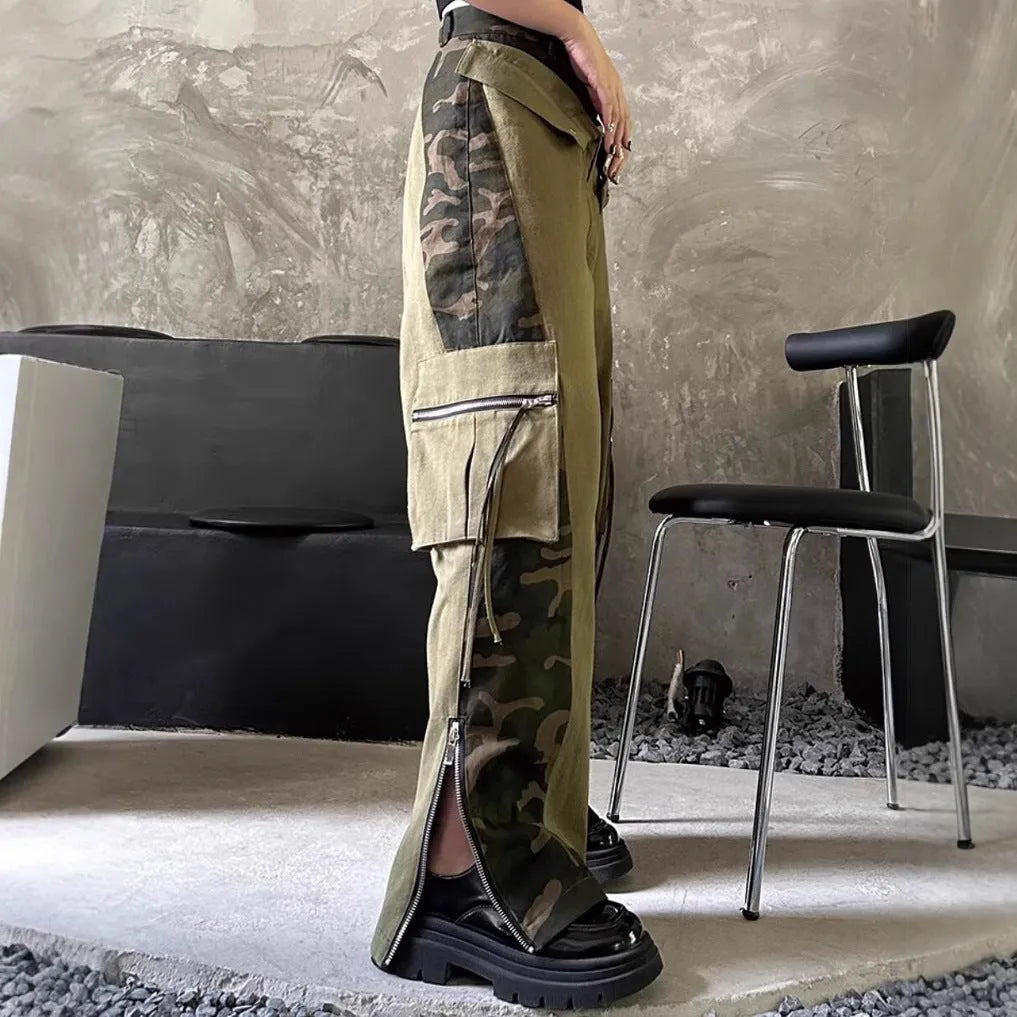 Dark khaki leopard print high waist jeans with tooling style stitching and straight leg cut