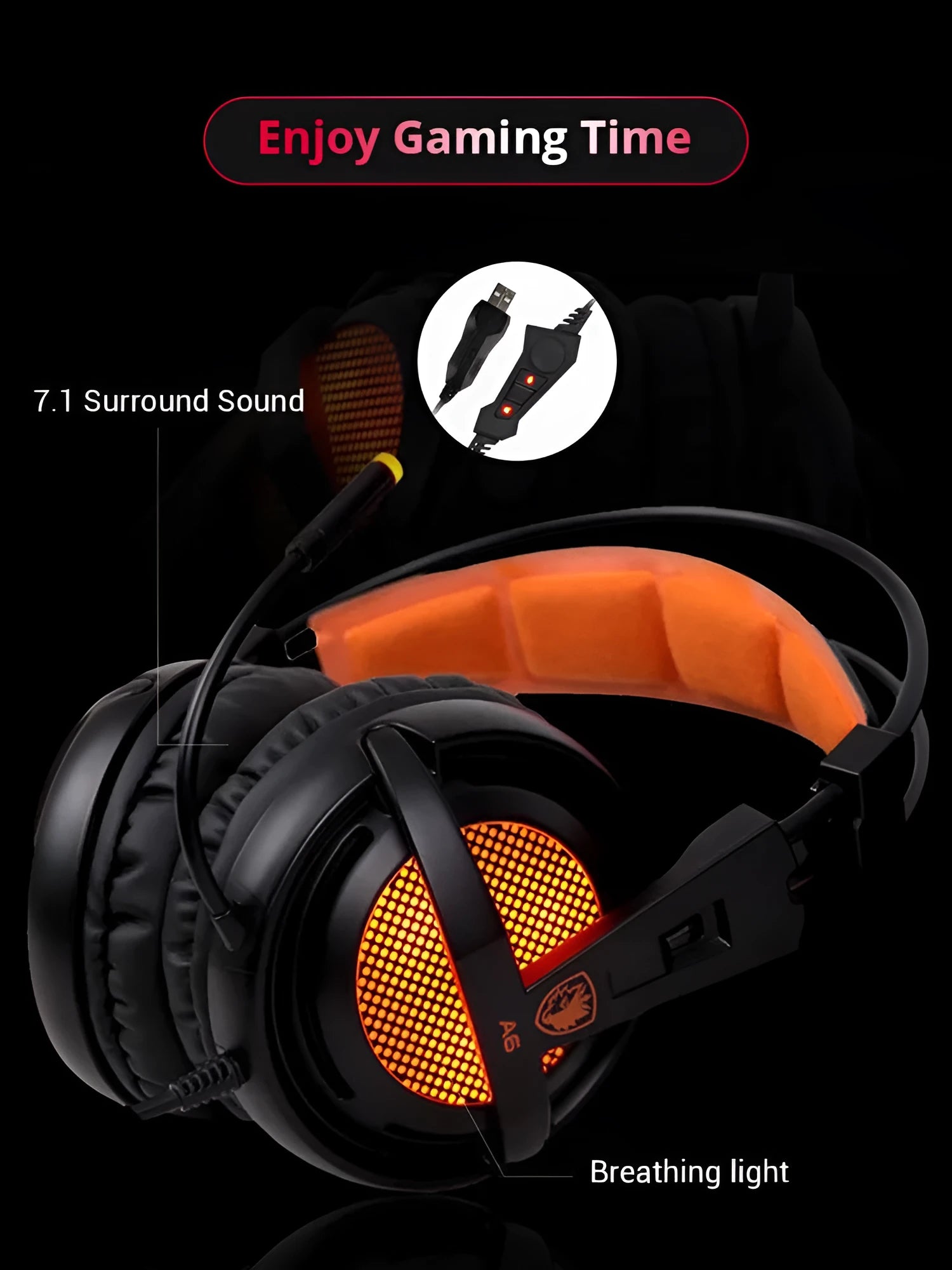 Black and white USB gaming headset with LED lights and over-ear cushioned design.